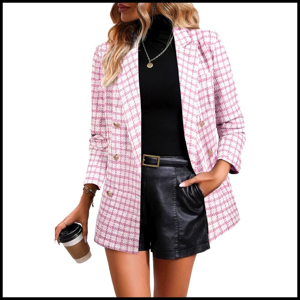 Long Sleeve Double Breasted Tweed Blazer, Plaid Work Suit Jacket